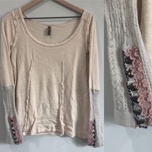 Free People Pink Button Lace Long Sleeve Shirt